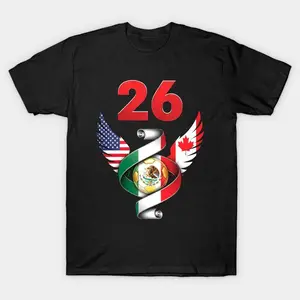 Unisex T-shirt with number 26, made of pure cotton, with exclusive designs of the flags of Mexico, USA.UU.and Canada, soft and breathable, machine washable, perfect for those who want to celebrate this special day with style.