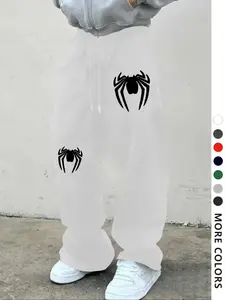 Men's Spider Pattern Print Drawstring Waist Sport Pants, Casual Gothic Joggers, Loose Fit, All Seasons, Unisex