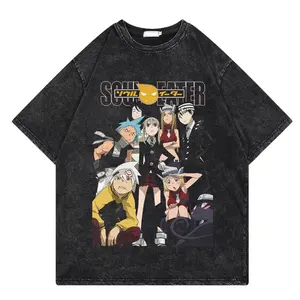 Japanese animation soul eater washed T-shirt men's summer street wear oversized old cotton versatile 2trendy men's clothing