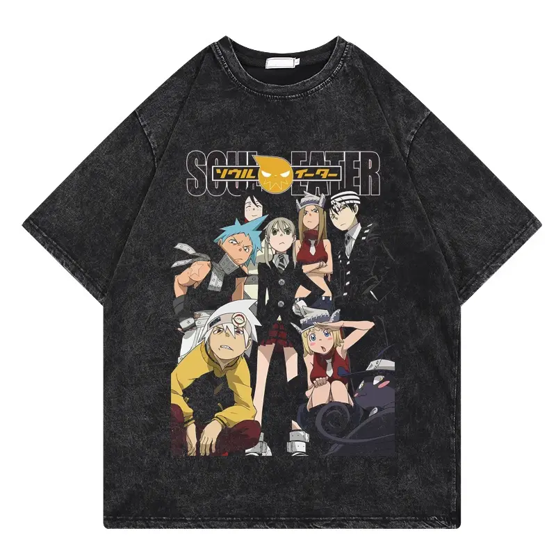 Men's Soul Eater Graphic T-Shirt, Oversized Vintage Short Sleeve Top in Washed Cotton with a Distressed Look, Casual Festive Sportswear, Round Neck, Shortsleeve, All Seasons, Streetwear, Sporty Chic, Menswear