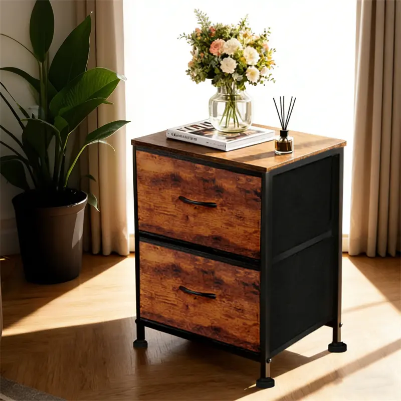 Rustic Brown Industrial Rectangular Nightstand with Drawers & Non-Woven Fabric Bins - Bedside Storage Organizer for Hallway, Entryway Side Tables (Dorm Use), Hallway Table, End Side Tables