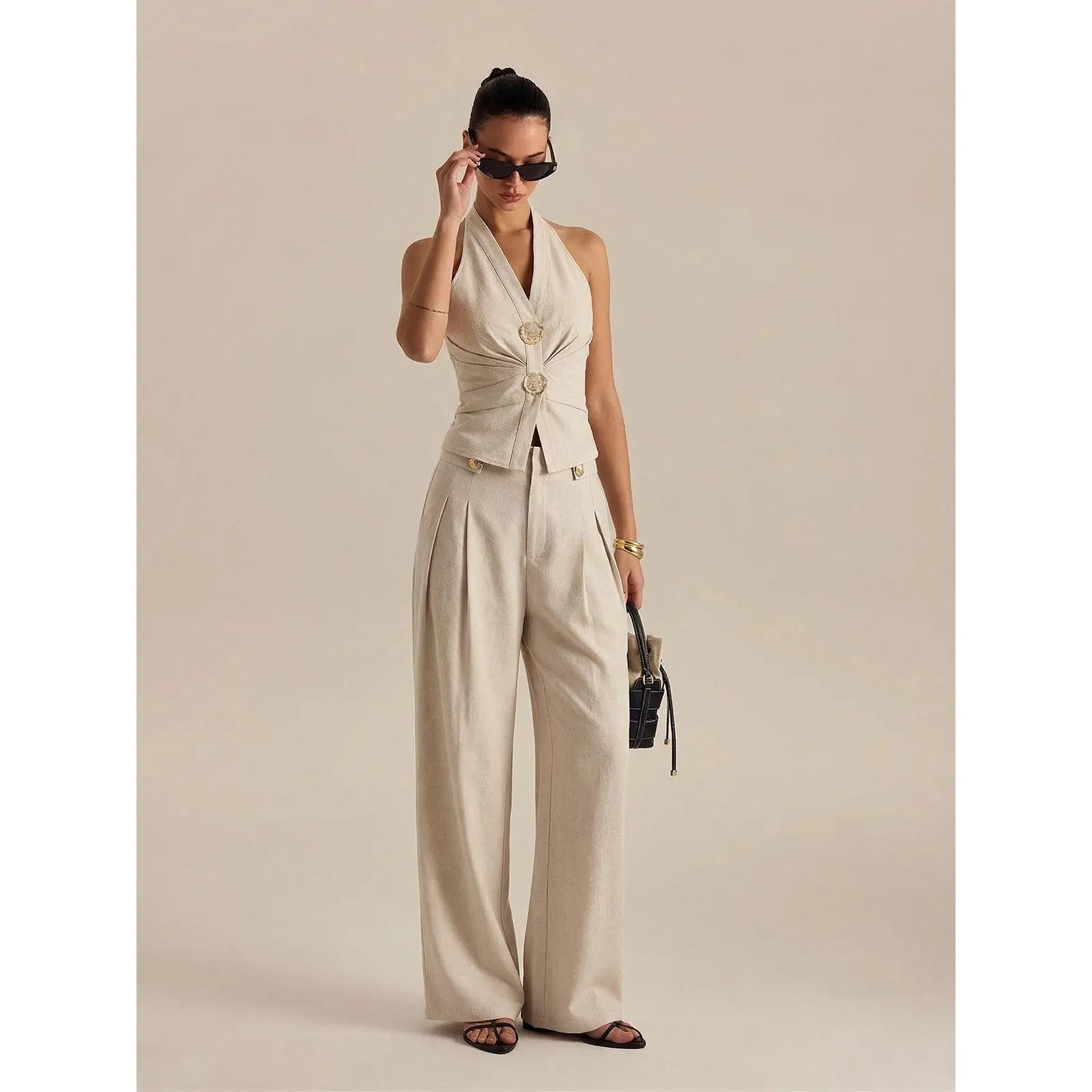 Women's 2-Piece Linen Blend Sleeveless Halter Neck Ruched Look Fashion Apparel Set (Top & Pants)