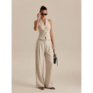 Linen Blend Halter Ruched Top & Pants Set