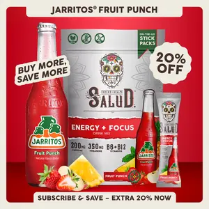 Salud x Jarritos 2-in-1 [Energy + Focus – Fruit Punch] Clean Energy Drink Mix, Agua Fresca, Organic Caffeine, B6 & B12, L-Theanine, Drink Packets, Non-GMO, Gluten Free, Vegan, Low Calorie, 1g Sugar (15 Servings)