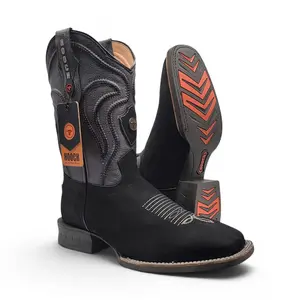 Mens Square Toe Boot Black Nobuck Leather – Rubber Sole Western Boot