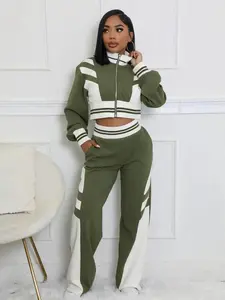 Women Colorblock Zip Up Crop Pullover Pants Two Piece Set 2026 Sweatsuit Pockets Casual Long Sleeve Zip Front Top Trousers Daily Ladies Fall Winter