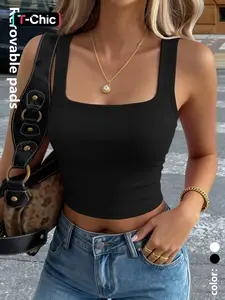 Women's Seamless Detachable Padded Vest, Sleeveless, Basic, High Stretch Fabric, Breathable Sweat-Wicking, Wide Shoulder Straps, Comfortable Fit, Versatile Wear