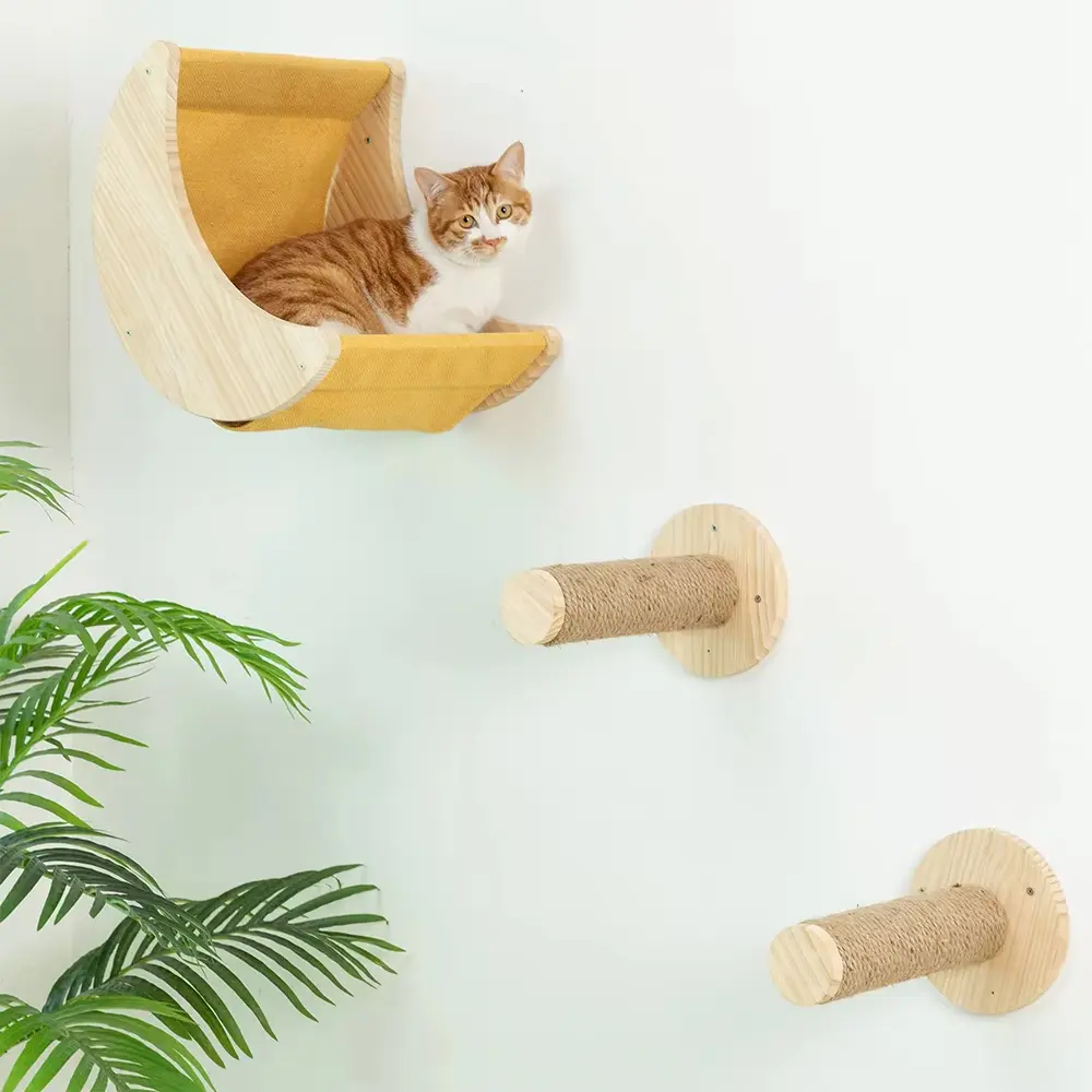Unique Classic Eco-Friendly Cat Tree, Wall-Mounted Moon Hammock Set with 2-Level Climbing Frame, Sisal Scratching Post & Wooden Platform for Indoor Cat Nap Time & Play