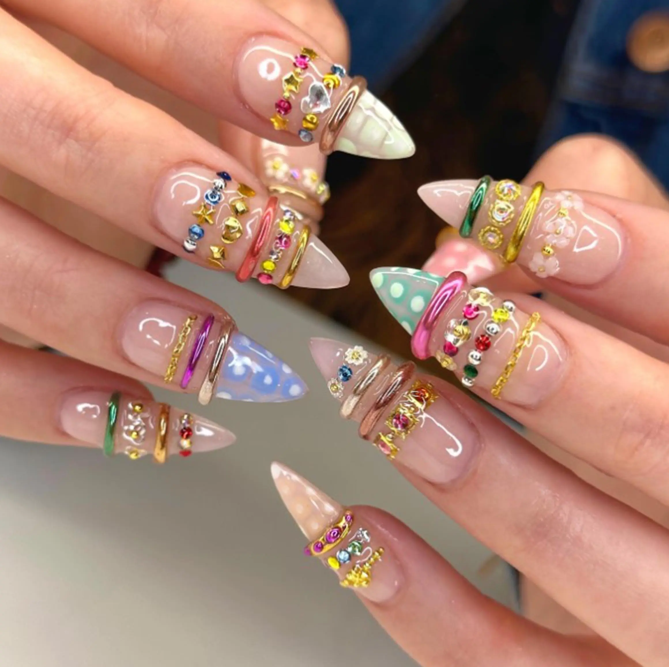Handmade Y2K Stacked Ring Press On Nails | Colorful 3D Jewelry & Rhinestone Art | Kawaii Decora Funky Pastel Stiletto Fake Nails