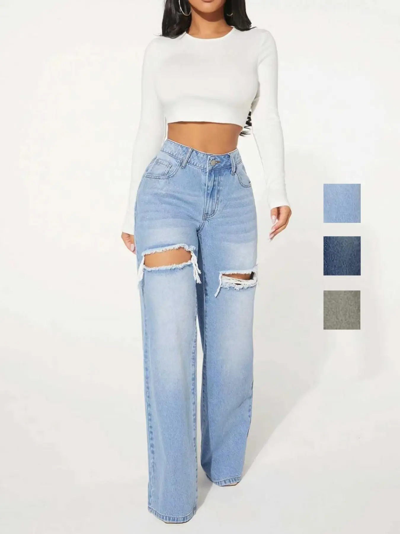 Sexy Single Button Hollow Out High Waist Distressed Ripped Frayed Edge Wide Leg Jeans for Women, Trendy Fashionable Denim Jeans