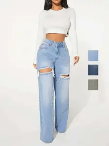 Sexy Single Button Hollow Out High Waist Distressed Ripped Frayed Edge Wide Leg Jeans for Women, Trendy Fashionable Denim Jeans
