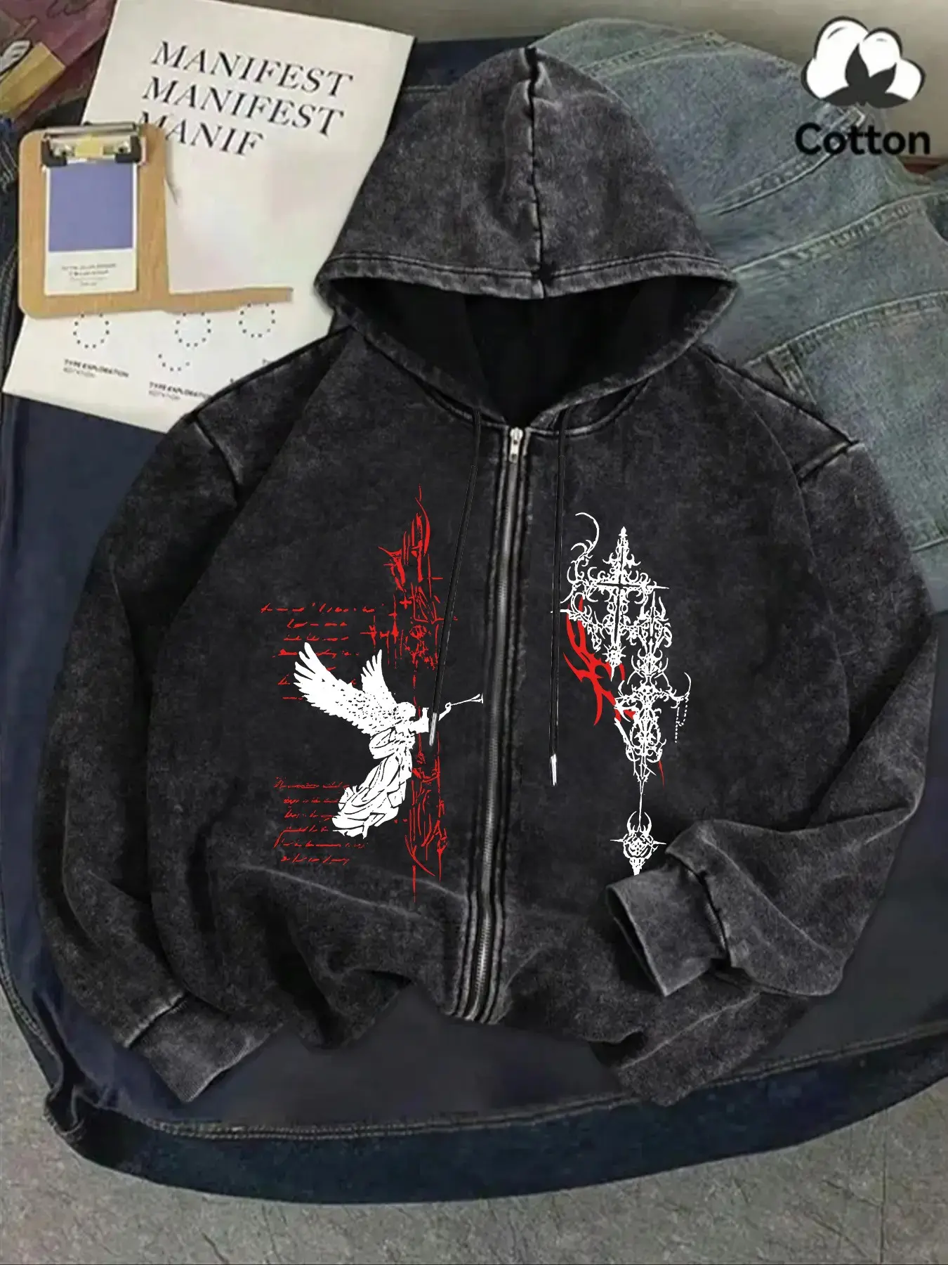 Y2K Cybercore Acid Wash Full Zip Hoodie for Men & Women | Gothic