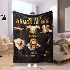 Christian God's Full Armor Ephesians 6:10-18 Bible Blanket - Anti-Pilling Breathable Crochet Durable Soft Flannel Polyester, Medieval Style, All-Season Home Decor, Camping Accessory, Crochet Weave, Anti-Pilling Soft