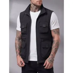 Men's solid color multi pocket vest jacket, regular fit, casual outdoor fishing/camping sleeveless jacket, 12 pocketsRAIMENTRY