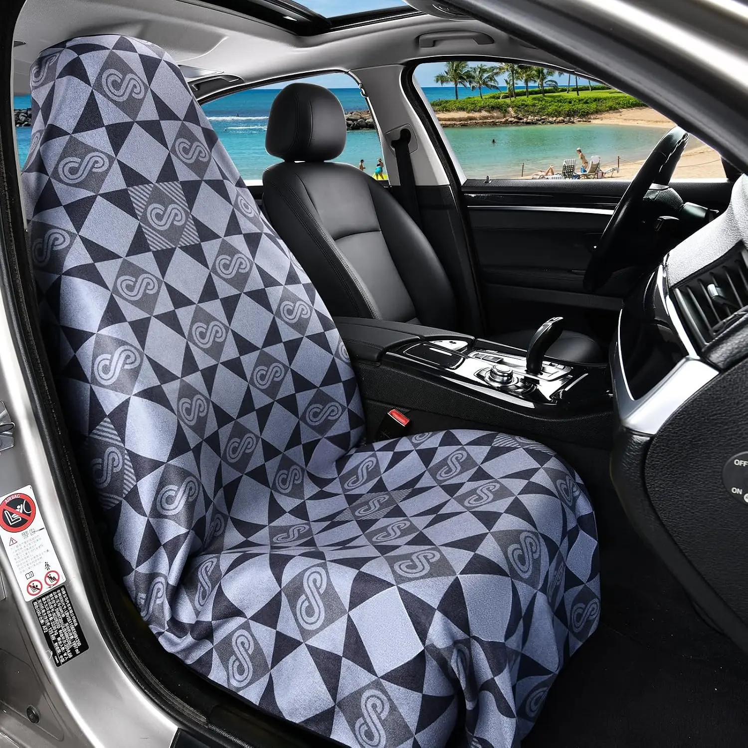 Grey Geometric Car Seat Cover, Modern Checkered Diamond Pattern Universal Auto Front Seat Protector