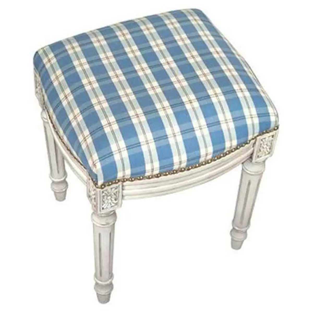 123 Creations Checkered Blue Fabric Upholstered Dressing Table Stool - Soft Cushioned Single Seat Indoor Furniture Chair with Square Chair Legs for Commercial, Office Use, Indoor Furniture Chairs