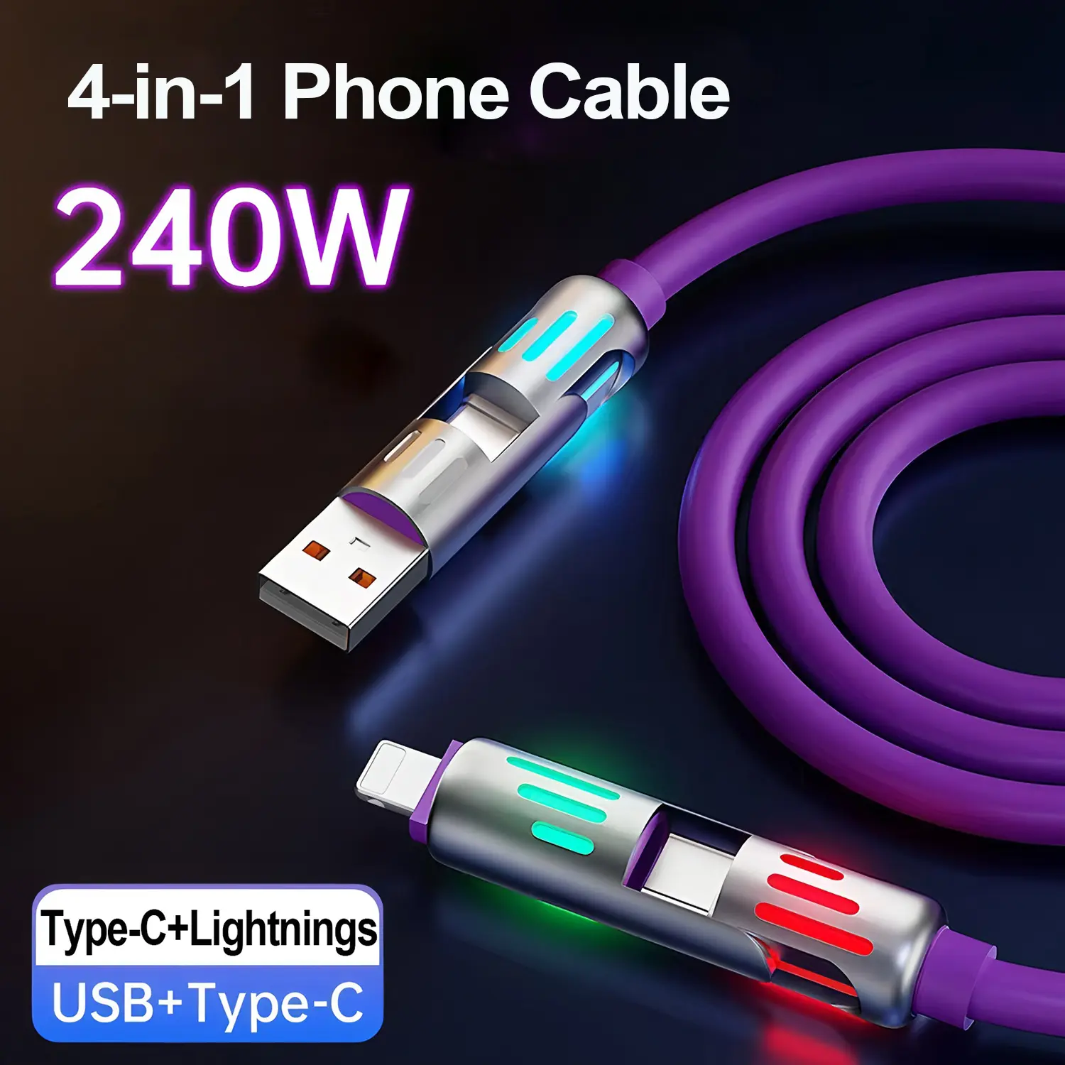 240w Four-In-One USB Charging Cable, Wired Fast Charge for Smartphone, iPhone 16/15, iPad Pro, Type-C/iOS Interface, 1 Meter Length, Cellphone