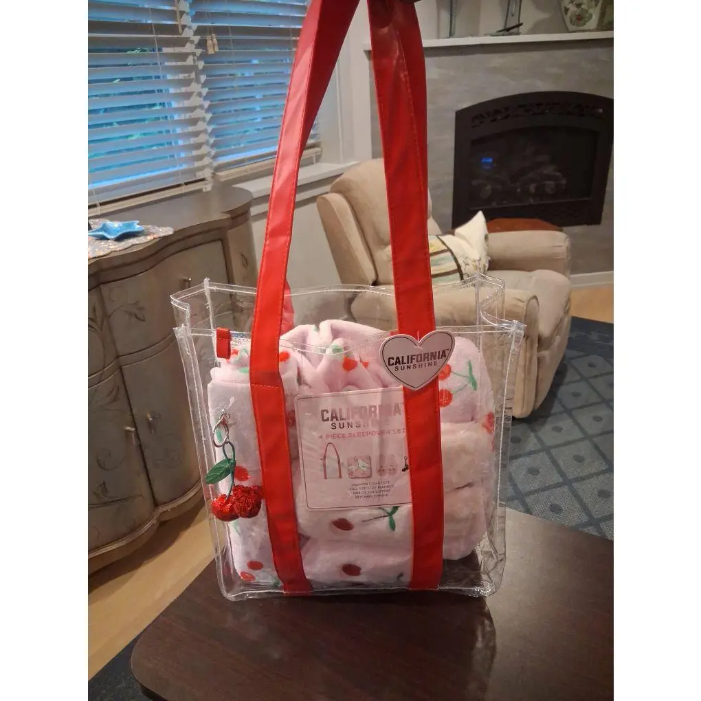 California Sunsets Clear Tote Bag with Red Handles and Pink Cherry Design for Everyday Use