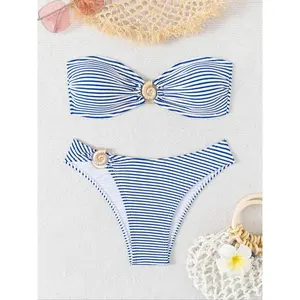 Women's Striped Print Bikini, Casual Fashion Chic Swimwear for Beach Vacation, Ladies Swimsuit for All Seasons, Swimsuit for Women, Bikinis Sets, Bikini Outfits, Summer Beach Bikini, Swimsuit Style Bandeau Bathing Suit, Low Waist Bikini, Beachswimsuits