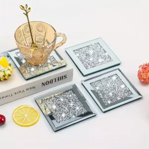 Crushed Diamond Crystal Glass Mirrored Square Coasters Set of 4 Glittering Bling Silver TRENDZY  Drink Wine Coasters for Home Kitchen Bar & Restaurant Home Decor Birthday Wedding (Square)