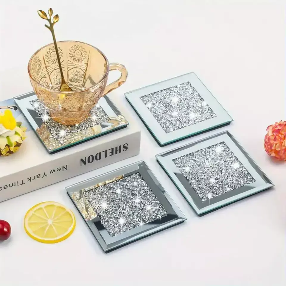 Crushed Diamond Crystal Glass Mirrored Square Coasters Set of 4 Glittering Bling Silver TRENDZY  Drink Wine Coasters for Home Kitchen Bar & Restaurant Home Decor Birthday Wedding (Square)