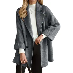 Women Thick Loose Double Breasted Wool Peacoat Jacket Woolen Winter Overcoat