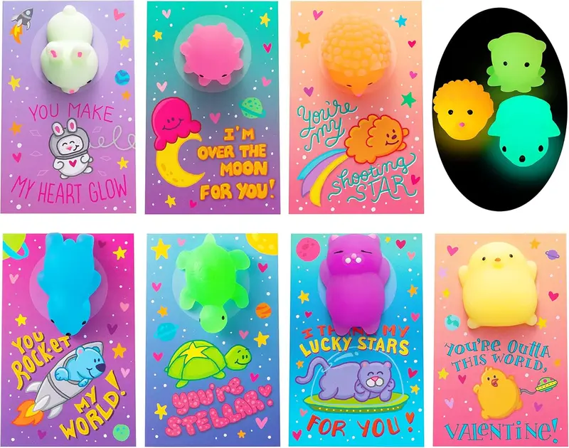 JOYIN 28 Pack Valentines Day Gift Cards with Cute Kawaii Mochi Squishy Toy to Squeeze, Glow in The Dark Stress Relief Fidget Toy for Kids, Classroom Exchange Prizes Valentine Party Favor Toys