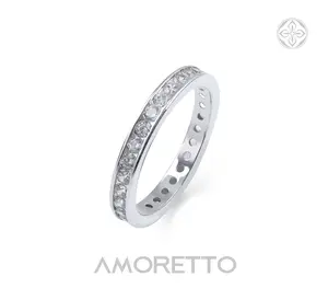 AMORETTO Classic Round Brilliant Eternity Band Ring in Silver Tone Rhodium Plated Brass Sparkling Stackable Wedding Anniversary Statement Ring
