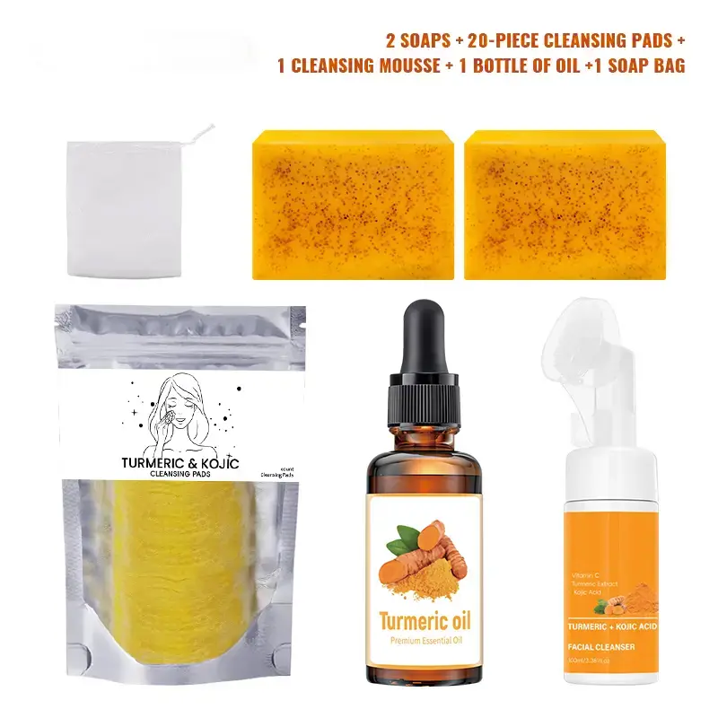 Lemon Kojic Acid Turmeric Skincare Cleansing 9-Piece Set – Includes Cleansing Mousse, Turmeric Acid Soap, Turmeric Essential Oil, and Turmeric Cleansing Towels, for Full Body Cleansing, Skincare, and Moisturizing