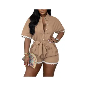 Women's Summer Romper — Casual Beachwear: Short-Sleeve, Elastic-Waist Jumpsuit. One-Piece Outfit featuring Lace Trim, Cotton-Linen Fabric, Lapel Collar, and Tie-Waist Detail