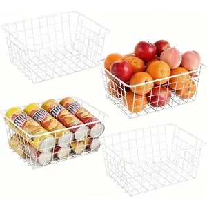 4 Pack White Wire Baskets for Pantry, 11" Upright Wire Freezer Storage Bins with Handles, Small White Metal Storage Basket for Freezer Organizing Office Kitchen Closets