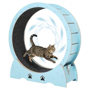 Wooden Cat Exercise Wheel, Indoor Cat Running Treadmill with Carpeted Runway, Low Noise Removable Carpet Cat Wheel for Kitty Running Walking Training