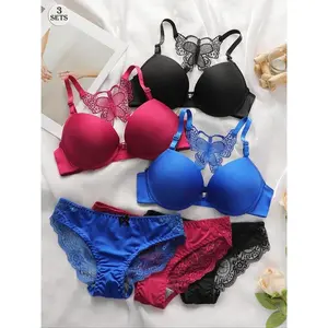 Women's Butterfly Floral Lace Bra & Panty Set, Adjustable Strap Scallop Trim Bra & Panty Set, Soft Comfy Breathable Underwear Set for Women