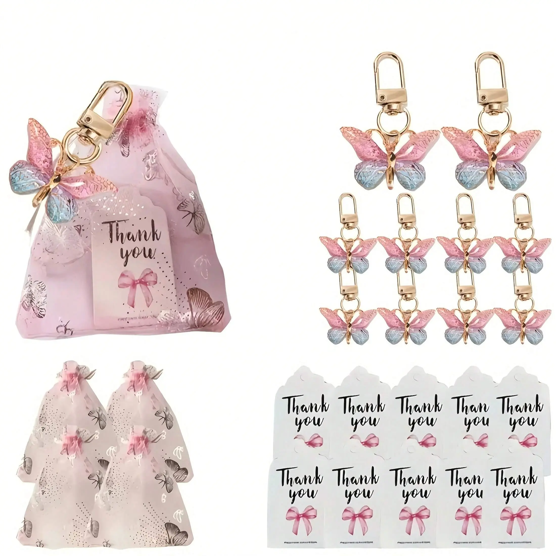 Butterfly Keychain Pendant Gift Set with 36 Pieces, 12 Acrylic -Blue Keychains, 12 Cards, 12 Organza Bags for Parties Keychain Included