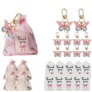 Butterfly Keychain Pendant Gift Set with 36 Pieces, 12 Acrylic -Blue Keychains, 12 Cards, 12 Organza Bags for Parties