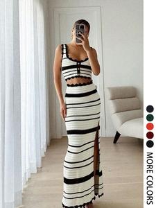 two-piece set women's striped print crop knit sleeveless top & skirt, chic elegant fashion casual hollow out knit top & skirt for daily outdoor wear, women's knitwear for summer, clothes, womenswear, two piece outfits for women