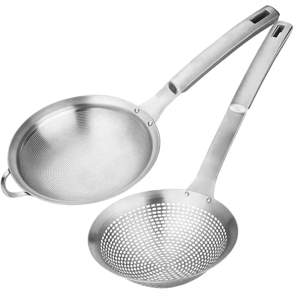 2 Pcs Fine Mesh Stainless Steel with Hole Sieve,Food Strainer,Grease Spider Skimmer And With Handle Large Holes Slotted Colander Frying Spoon Set,Valentine's Day Gifts,Tools & Hardware,Summervibes