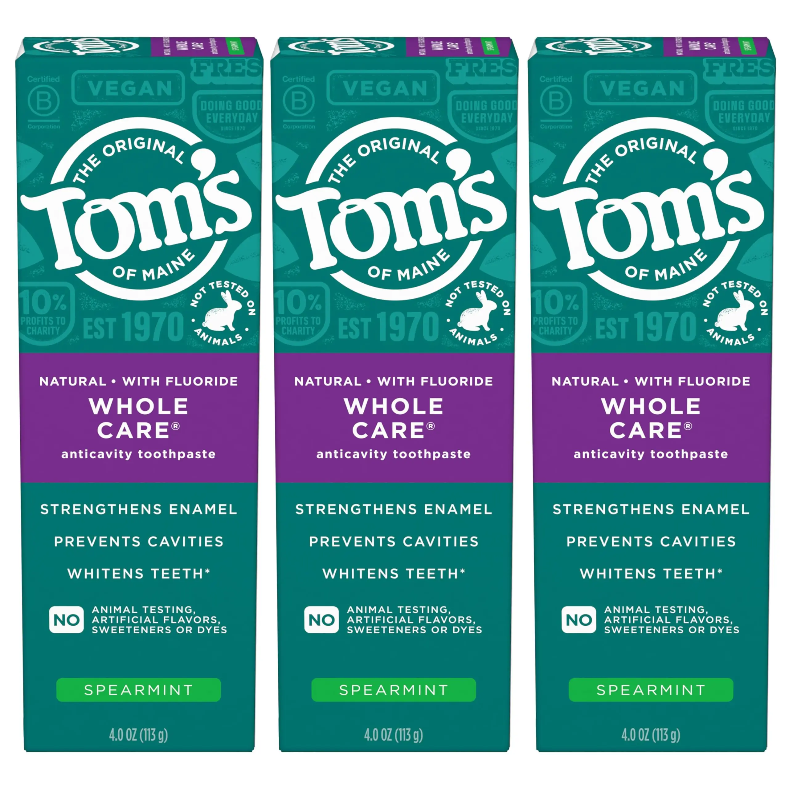 Tom's of Maine Whole Care Toothpaste with Fluoride, Spearmint, 4 Ounce (Pack of 3), (Packaging May Vary)