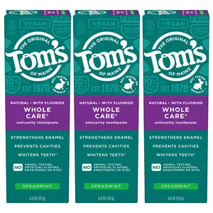 Tom's of Maine Whole Care Toothpaste with Fluoride, Spearmint, 4 Ounce (Pack of 3), (Packaging May Vary)