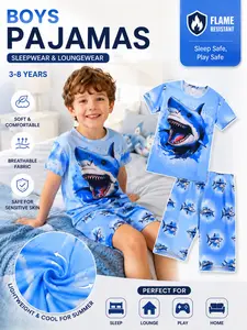Boys' Shark Cartoon Print Short Sleeve Shorts Set, Flame Retardant Comfortable Casual Home Wear, Summer Kids Pajamas for 3-8 Years Old