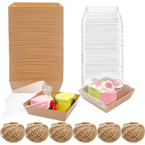 200 Pack Charcuterie Boxes with Clear Lids and Rope for 4 Inches Cake Boxes Disposable Square Dessert Food Containers for Bakery Cookies Strawberries Fruits Display (Kraft)
