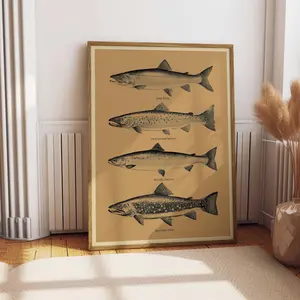 Trout and Salmon Vintage Fly Fishing Poster Unframed  Art Retro Cabin Wall Decor Outdoor Sports Fisherman Illustration Father's Day Gift for Dad