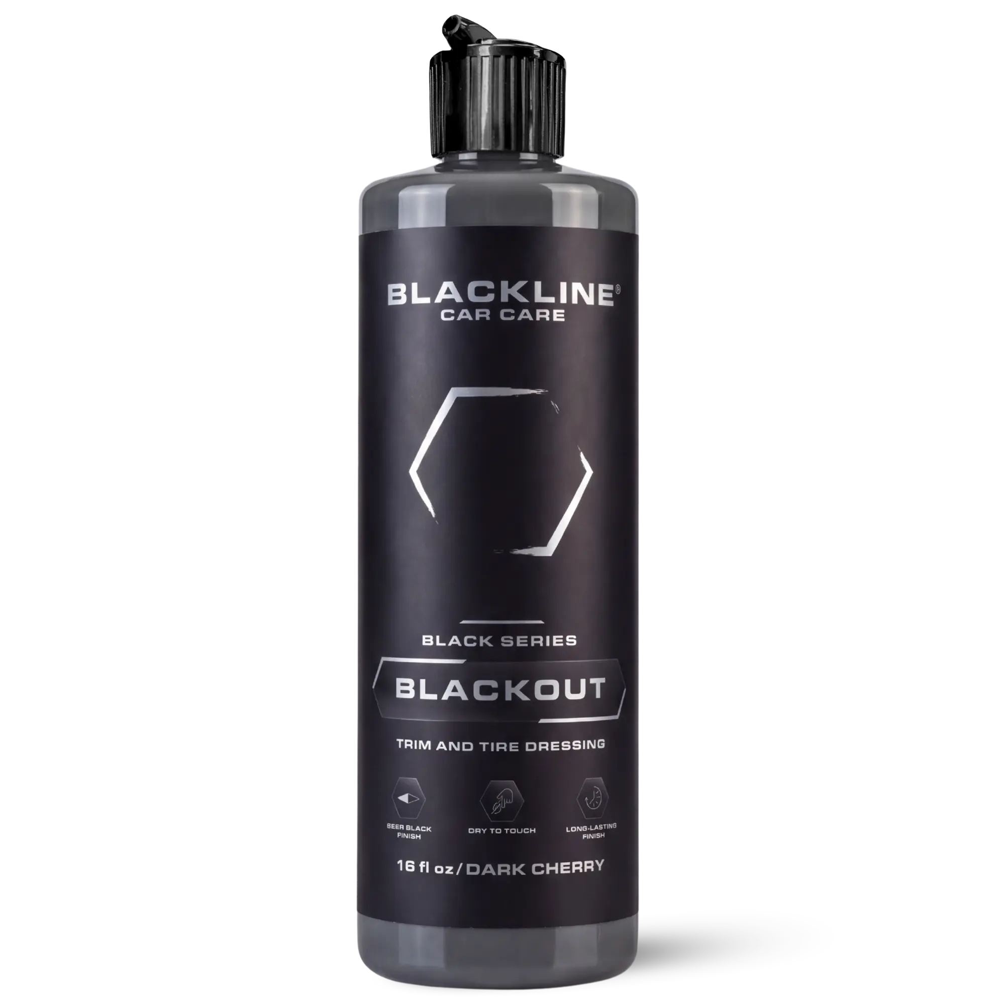 BLACKLINE Blackout Tire Wheel Dressing - 16oz Polymer Formula for Cars, Faded Tires/Trim Deep Black Restoration, Even Coat Control, Sling-Free Application, Pad/Spray Use, Quick Coverage, Long-Lasting Satin Shine, Black Cherry Scent, Fade Resistance