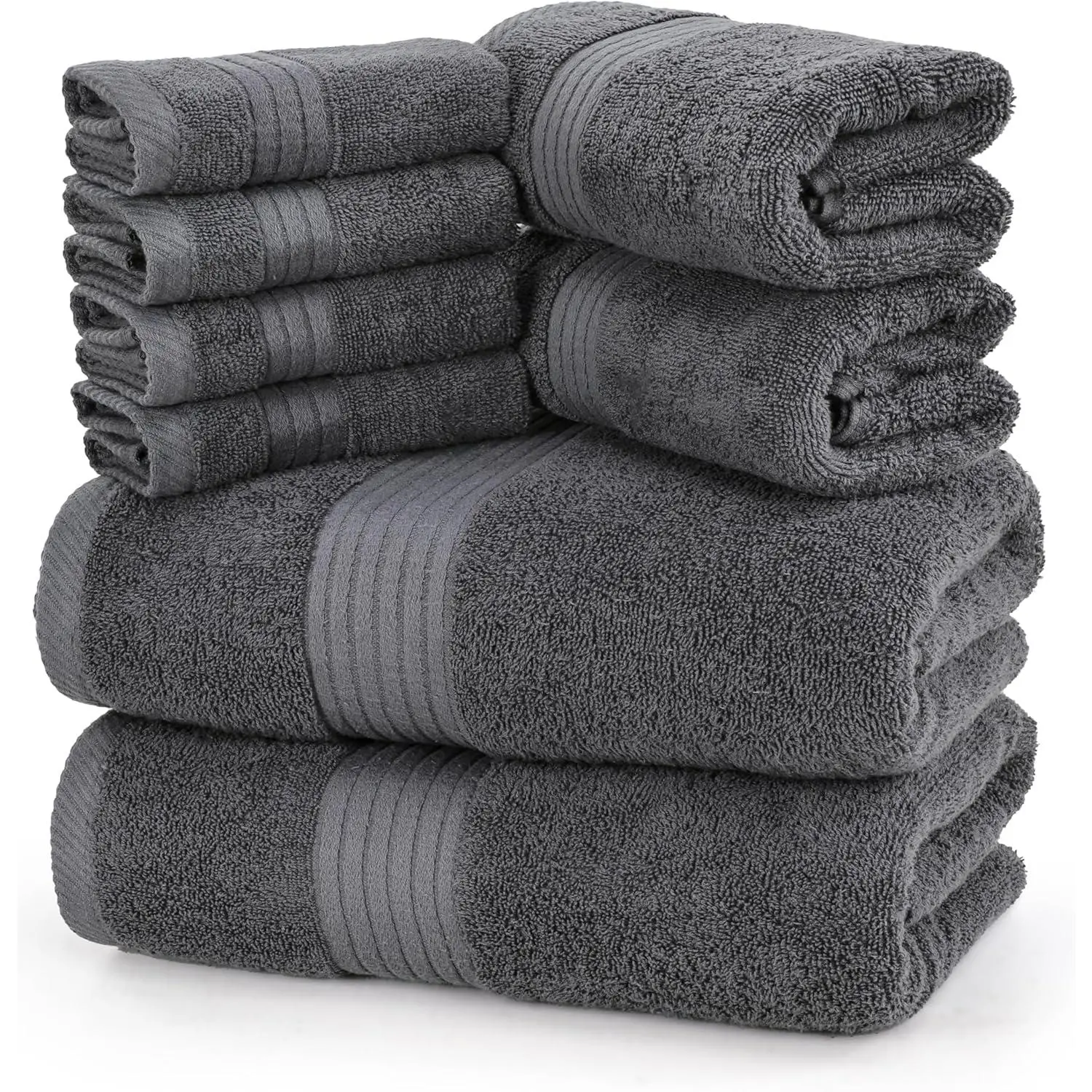 8 Piece Premium Towel Set, 2 Bath, 2 Hand, and 4 Washcloths, 100% Ring Spun Cotton, Highly Absorbent Towels for Bathroom, Sports, and Hotel, Grey, 8 Pieces Towel Set, Bath Towel