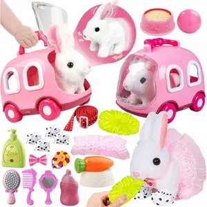 Plush Bunny Toy for Kids Girls, Hopping Walking Ears Wiggling Electric Rabbit, Feeding Interactive Pets Bunny Toys & Cage Easter Accessories Birthday Xmas Gifts for Toddlers 3 4 5 6