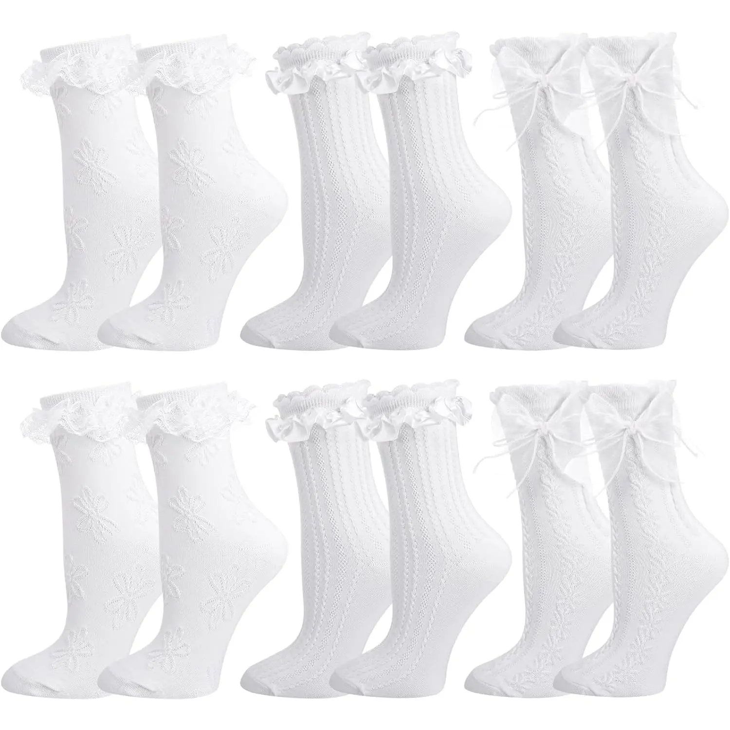 6 Pairs Lace Ruffle Crew Socks for Women,Cotton Cute Princess Ankle Dress Lace Socks for Women Girls