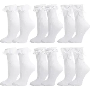 6 Pairs Lace Ruffle Crew Socks for Women,Cotton Cute Princess Ankle Dress Lace Socks for Women Girls