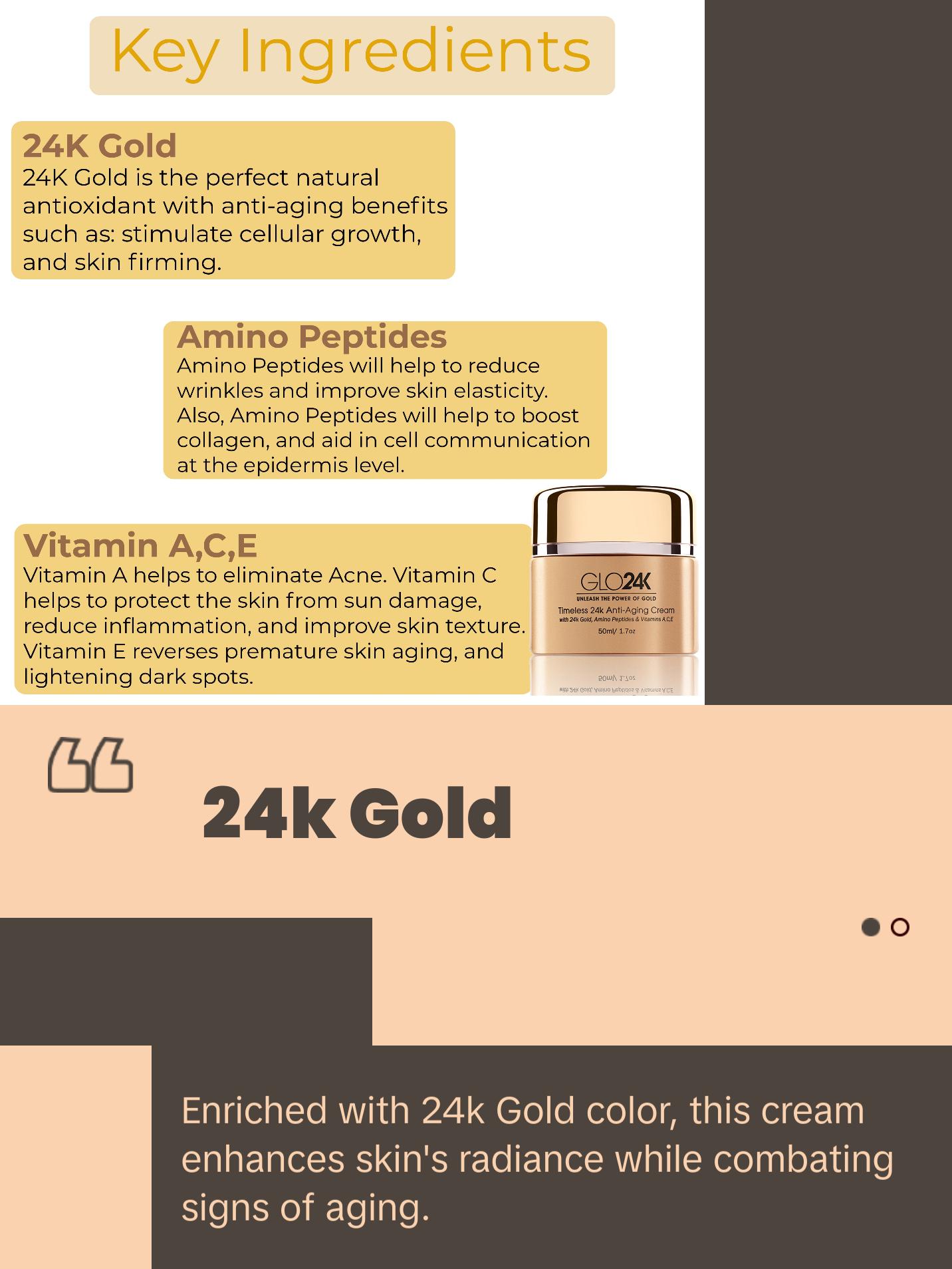 GLO24K Timeless 24K Anti-Aging Cream - Moisturizing Cream with 24K Gold, Alpha-Peptidins & Vitamins for Radiant Skin and Skin Repair