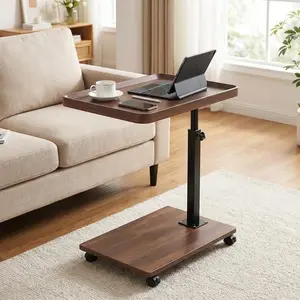 C-Shaped Rolling Sofa Side Table with Adjustable Height & 360° Swivel Tray – Versatile End Table for Living Room, Bedroom, or Small Areas – Over Bed Laptop Table – Square Walnut Color