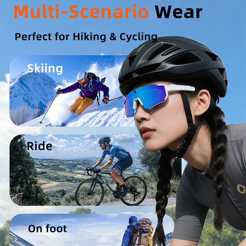 Smart Sports Glasses with 8MP Camera, 2K Photo/1200P Video Recording Wearable Glasses, IP54 Waterproof Multifunctional Wireless Audio Bluetooth Glasses with Headphone, Outdoor Sports Polarized Sunglasses with AI Voice Assistant, UV Protection Eyeglass